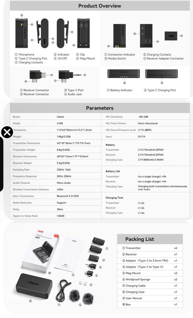 Ulanzi A100 Wireless Lavalier Microphone63223287429634113