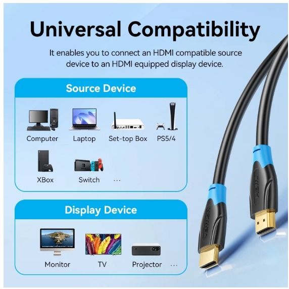 Vention HDMI 2.0 Cable | 4K@60Hz | 3D | High-Speed 48Gbps | Dolby Vision | 1.5M | HDMI to HDMI (Category: Cables & Adaptors) located in Singapore. Submitted by techhorizon (Listing ID 1377294912, Image 2). Description: 🎥 Smooth 4K Streaming & Gaming – Durable & Affordable HDMI Cable ✅ Ready Stock in SG 🚚 Ships within 24H | Receive in 1–3 Days 📦 Specifications: • Version: HDMI 2.0 • Resolution Support: 4K@30Hz / 4K@60Hz / 1080P • Length: 1.5 Me