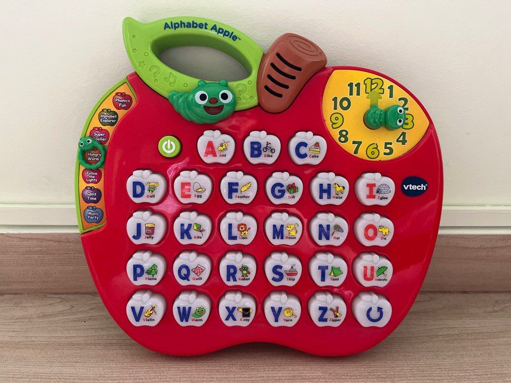 Vtech Alphabet Apple (Category: Infant Playtime) located in Singapore. Submitted by dyj3003 (Listing ID 1377200201, Image 1). Description: Educational Toy with many different modes. This is my 2nd purchase as my 3 kids love the music and lights. Retail Price: $80 ( Toys R Us) .