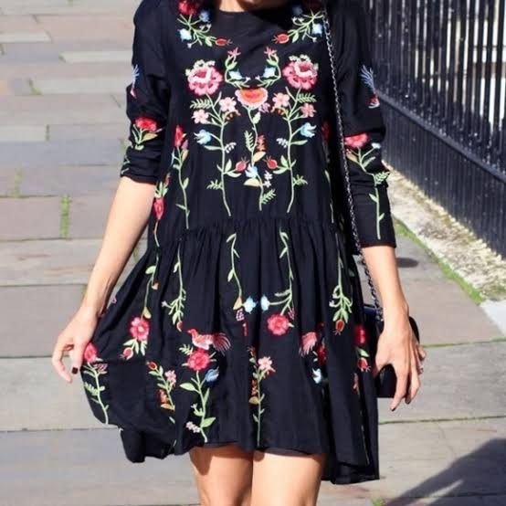Zara Floral Embroidered BLACK Boho Bohemian Dress, Women's Fashion, Dresses  & Sets, Dresses on Carousell