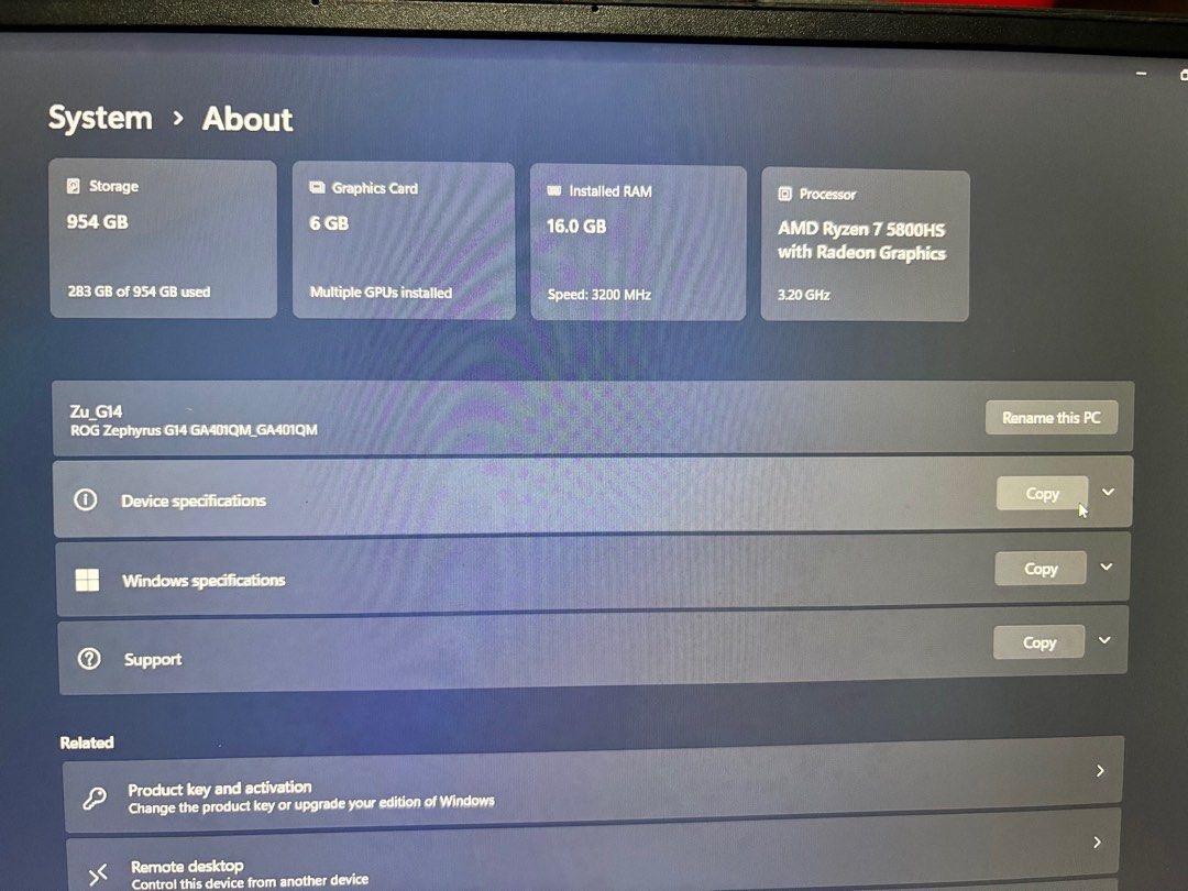 ASUS ROG Zephyrus G14 Gaming Laptop with RTX 3060 (Category: Laptops & Notebooks) located in Singapore. Submitted by retrogameboi (Listing ID 1377548289, Image 2). Description: ASUS ROG Zephyrus G14 gaming laptop. Features an AMD Ryzen 7 5800HS processor, 16GB RAM, and a 1TB storage. Display is 144Hz. Includes an NVIDIA GeForce RTX 3060 Laptop GPU. Ports include USB-C, USB, HDMI, and headphone jack. Minor cosmetic wear on the edges. Screen has sl