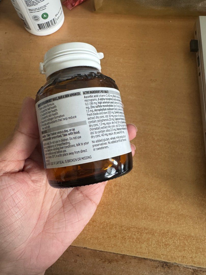 Blackmores Nails, Hair & Skin Advanced - 60 Tablets (Category: Vitamins & Supplements) located in Singapore. Submitted by adiosgoods (Listing ID 1377402441, Image 3). Description: - Blackmores Nails, Hair & Skin Advanced supplement - 60 tablets - Supports nail, hair, and skin health - Expiry Date: 07/01/26 - Ingredients: Please refer to images.