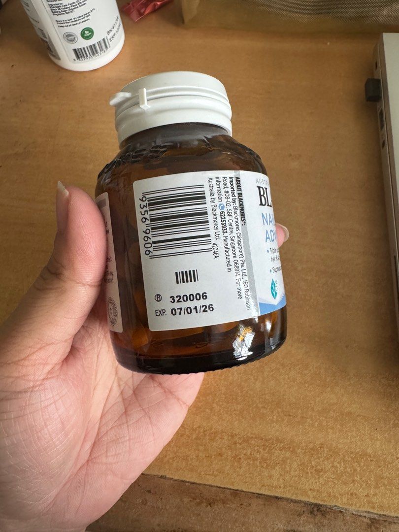 Blackmores Nails, Hair & Skin Advanced - 60 Tablets (Category: Vitamins & Supplements) located in Singapore. Submitted by adiosgoods (Listing ID 1377402441, Image 1). Description: - Blackmores Nails, Hair & Skin Advanced supplement - 60 tablets - Supports nail, hair, and skin health - Expiry Date: 07/01/26 - Ingredients: Please refer to images.