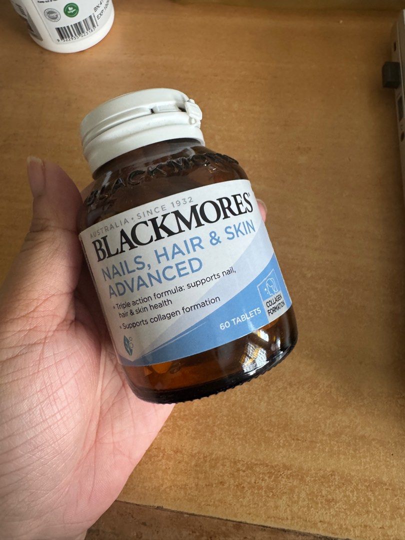 Blackmores Nails, Hair & Skin Advanced - 60 Tablets (Category: Vitamins & Supplements) located in Singapore. Submitted by adiosgoods (Listing ID 1377402441, Image 2). Description: - Blackmores Nails, Hair & Skin Advanced supplement - 60 tablets - Supports nail, hair, and skin health - Expiry Date: 07/01/26 - Ingredients: Please refer to images.