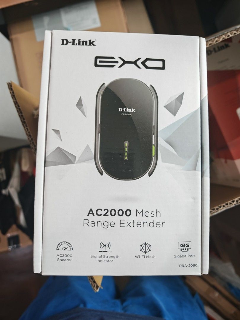 D-Link EXO DRA-2060 AC2000 Mesh Range Extender (Category: Networking) located in Singapore. Submitted by ctdiary (Listing ID 1377481927, Image 1). Description: - Like new D-Link EXO AC2000 Mesh Range Extender - AC2000 speeds for fast Wi-Fi - Wi-Fi mesh for seamless coverage - Gigabit port for wired devices - Signal strength indicator for optimal placement - Comes with original packaging and all accessories - Perfect for extending your Wi-Fi range