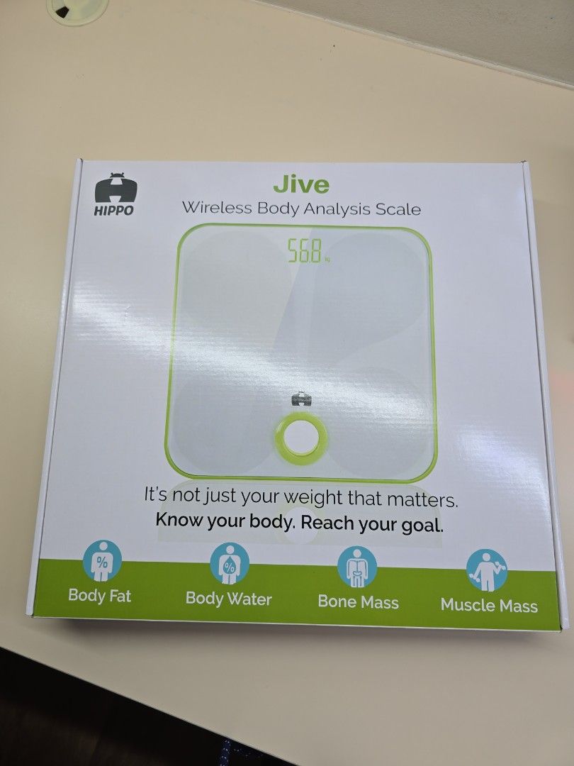 Hippo Jive Wireless Body Analysis Scale (Category: Health Monitors & Weighing Scales) located in Singapore. Submitted by edosca (Listing ID 1377397370, Image 1). Description: - Brand new Hippo Jive wireless body analysis scale. - Measures: Weight, body fat, body water, bone mass, and muscle mass. - Bluetooth 4.0 connectivity. - Syncs with your phone. - Share data with friends and family. - Compatible with iOS and Android..