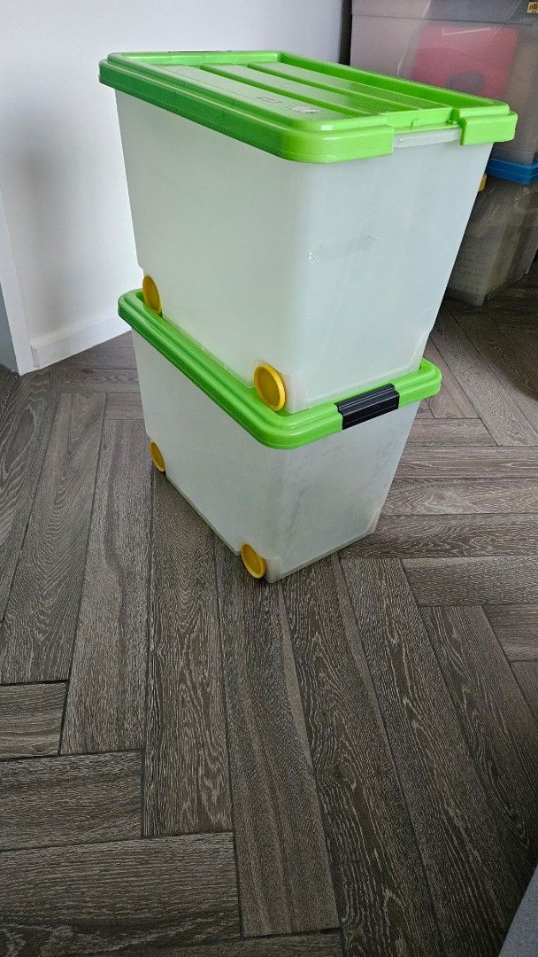 Plastic storage box with wheels (Category: Storage Boxes & Baskets) located in Pasig City. Submitted by kim.es06 (Listing ID 1377483672, Image 1). Description: - white with green cover storage boxes - with wheels -,1 box with missijng lock on 1 side - P200 each or P350 for 2..