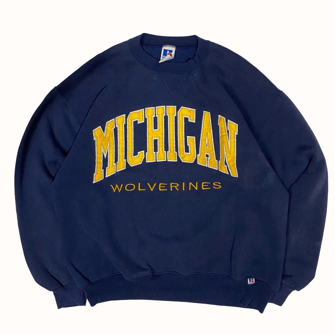 Russell Athletic Michigan (Category: Coats, Jackets and Outerwear) located in Quezon City. Submitted by threadsunearthed (Listing ID 1377556072, Image 1). Description: Russell Athletic Size on tag L Width: 22 Length: 24.5 •heaily used condition (kanye vibes) •Washed •signs of usage and stains •Color rate: 8/10 ₱880 (nego).