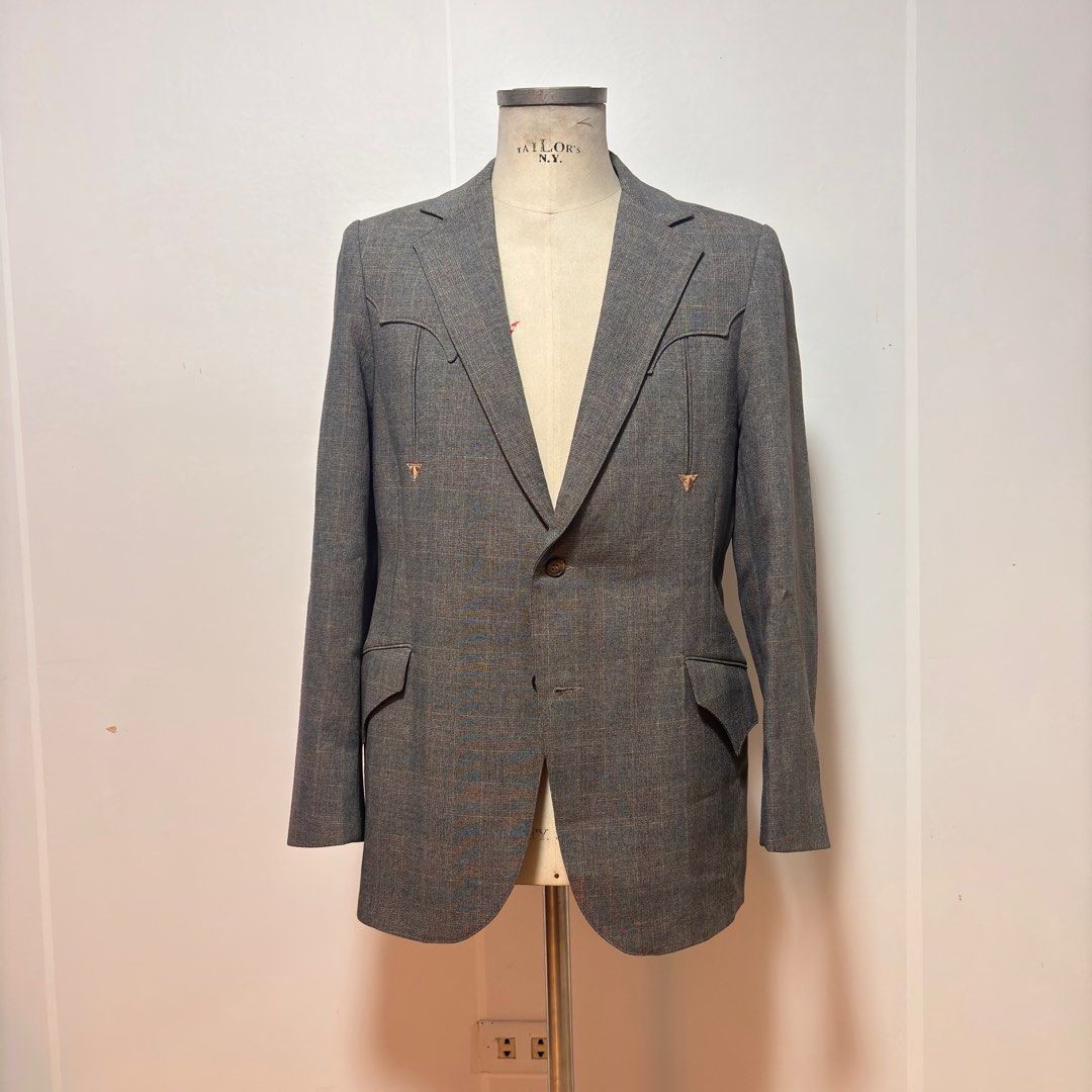 Vintage Grey Houndstooth Western Blazer Tailored Jacket (Category: Coats, Jackets and Outerwear) located in Baguio. Submitted by jimbles_28 (Listing ID 1377523557, Image 1). Description: Made in U.S.A Tagged size 40 Measurements: length front 31 inches sleeve length - 26 inches shoulder width 17.5 inches width(pit to pit)- 22 inches .