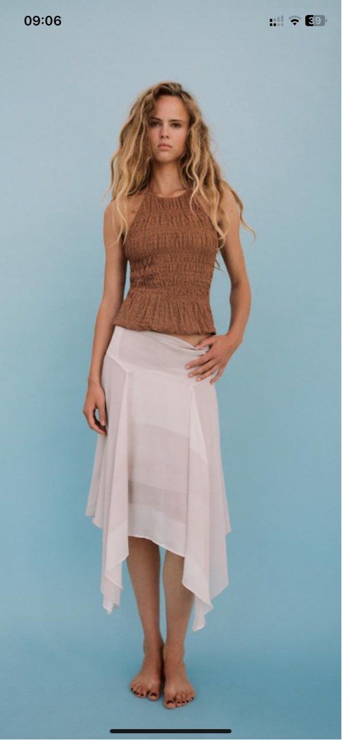 ZARA textured halter top (Category: Sleeveless) located in Manila. Submitted by halsea (Listing ID 1377510119, Image 3). Description: used once only personal preloved large size so pretty in person!! fixed price + free sf inside metro manila beach summer daily top.