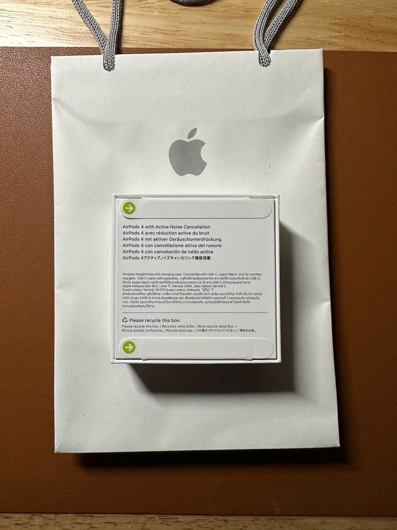 Apple AirPods 4 with active noise cancellation (ANC) (Category: Earphones) located in Singapore. Submitted by dinosaureater (Listing ID 1377730343, Image 2). Description: Brand new apple AirPods 4 with active boise cancellation -Comes with apple bag -retails for $249 -100% authentic with online invoice provided of purchase from apple.sg.