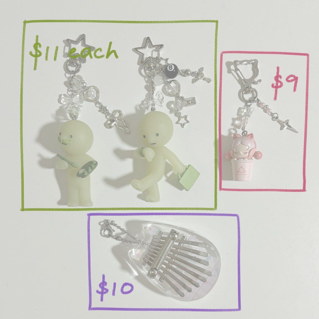 assorted keychains (Category: Other Merchandise) located in Singapore. Submitted by castlemins (Listing ID 1377705237, Image 2). Description: please check ALL pics/read below for details! screenshot and circle if interested :) available: 💚 museum series smiski velazquez keychain, work series smiski on the road keychain $11 each 🩷 skullpanda taiwan exclusive strawberry pink popbean $9 💜 kalimba keychain $10 - payment by cash, paynow, or paylah 
