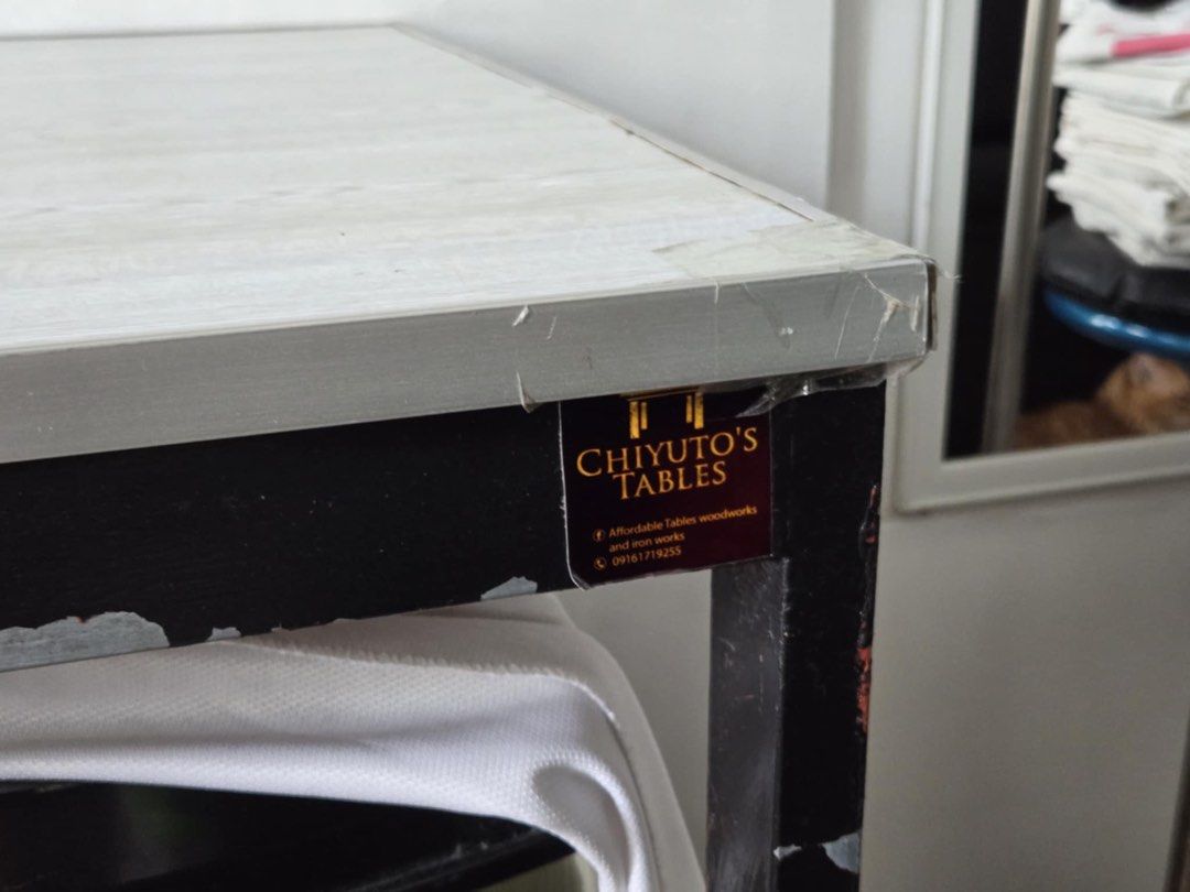 COMPUTER DESK METAL FEET HEAVY DUTY (Category: Tables & Sets) located in Quezon City. Submitted by hellosydney78 (Listing ID 1377751094, Image 2). Description: w x l x h 23 x 58 x 28.5 Laminated wood top with trimmings Solid Metal 1inx2in Bar (real heavy duty) Only issue: Wood trimmings are currently sticking off on the corners. We currently put scotch tape to prevent it. Metal bars need repainting. Overall it is in good usable condition. As is c
