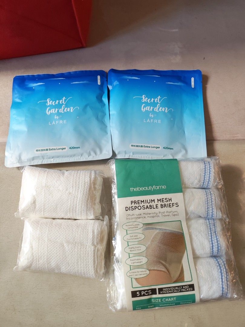Disposable mesh underwear & lafre Pads (Category: Maternity Care) located in Singapore. Submitted by hammi_wonderland (Listing ID 1377647255, Image 1). Description: - Includes: - 2 packs Lafre Extra Large pads 420mm - 1 pack Mesh Disposable Briefs (5 pieces) - Perfect for postpartum care or other needs. - All items are new and sealed. Self collection from 651453 or arrange your own delivery Bukit Batok West Ave 6 .
