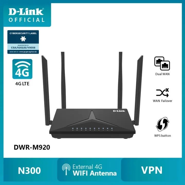 D-Link DWR-M920 N300 4G LTE Router (Category: Networking) located in Singapore. Submitted by westlaker (Listing ID 1377669582, Image 1). Description: Selling a D-Link DWR-M920 router. Supports 4G LTE, Dual WAN, and VPN. Features an external 4G WiFi antenna and a WPS button. Perfect for you who are looking for a home or office network, do not have high usage and not want to pay a high price for Fibre Network, and want a stable yet portable solutio