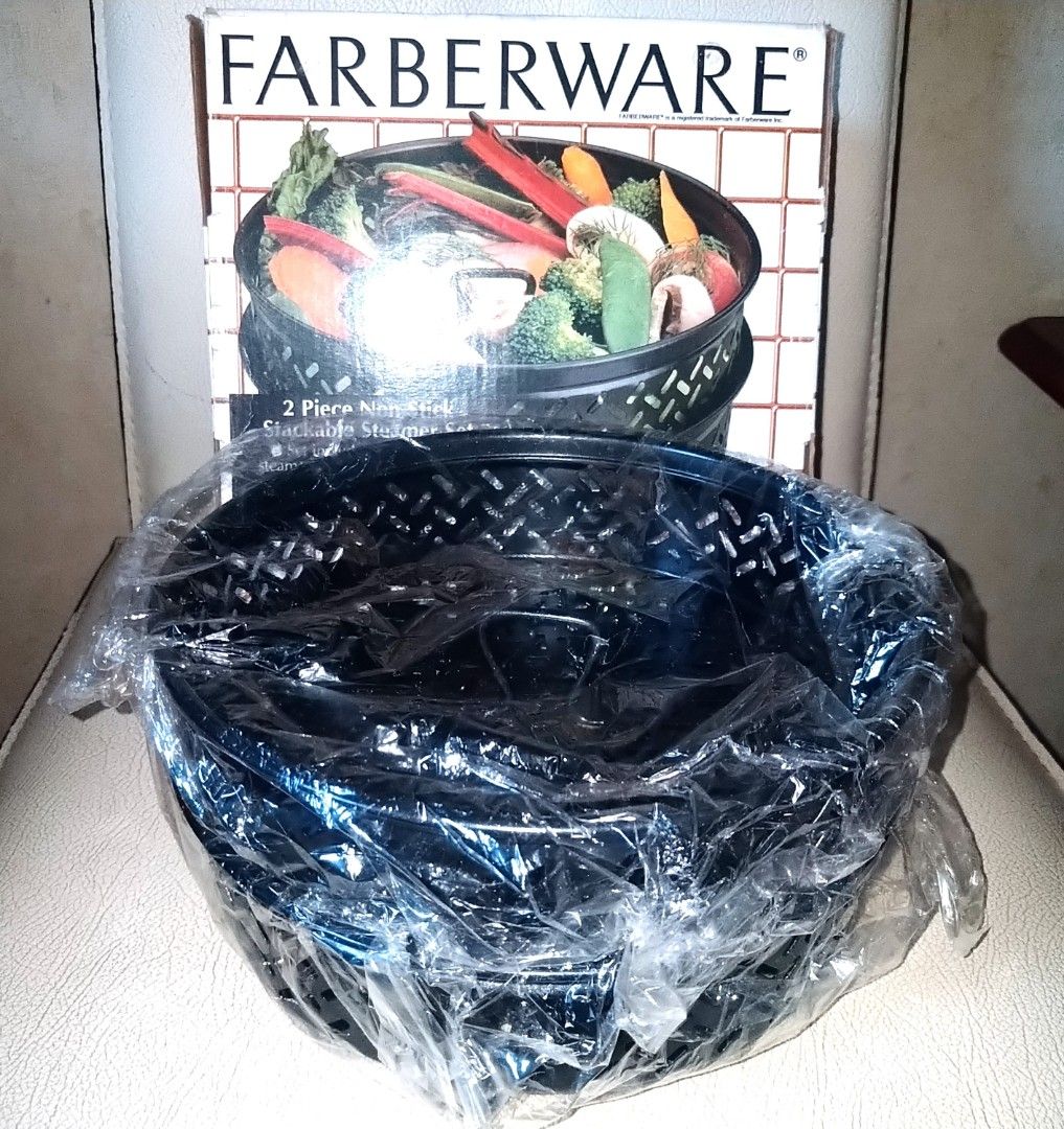 FARBERWARE 2 Piece Non-Stick Stackable Steamer Set (Category: Cookware & Accessories) located in Paranaque City. Submitted by sapporohokkaido (Listing ID 1377678606, Image 2). Description: "PRICE STILL NEGOTIABLE" -Set include two non-sick steamers -Each with a center pullfor easy removal -Non-stick for easy clean up -Steamers nest perfectly for dual steaming action -Perfect for fresh or frozen vegetables -Great for fish -Fits a 5 quart (4.7 lite