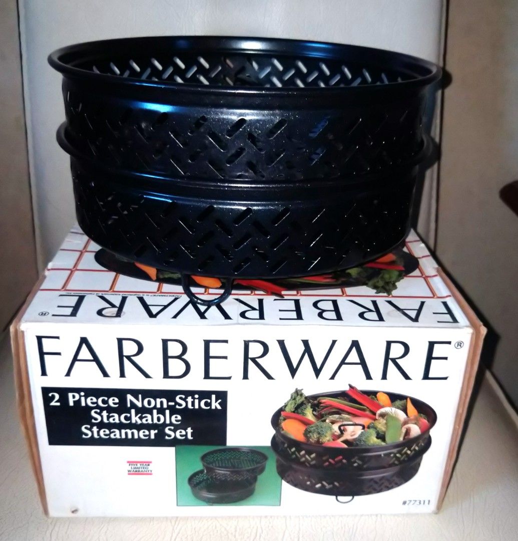 FARBERWARE 2 Piece Non-Stick Stackable Steamer Set (Category: Cookware & Accessories) located in Paranaque City. Submitted by sapporohokkaido (Listing ID 1377678606, Image 3). Description: "PRICE STILL NEGOTIABLE" -Set include two non-sick steamers -Each with a center pullfor easy removal -Non-stick for easy clean up -Steamers nest perfectly for dual steaming action -Perfect for fresh or frozen vegetables -Great for fish -Fits a 5 quart (4.7 lite
