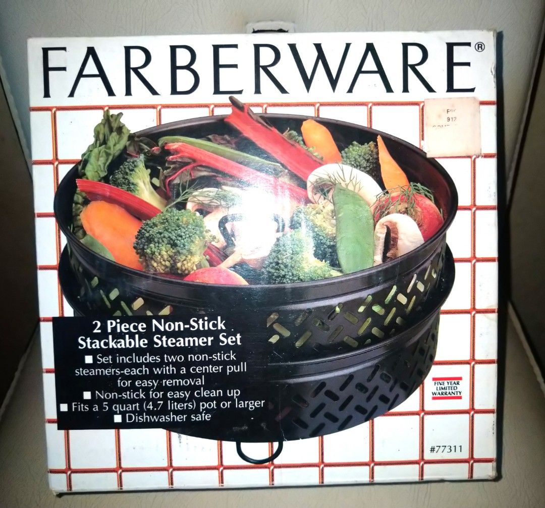 FARBERWARE 2 Piece Non-Stick Stackable Steamer Set (Category: Cookware & Accessories) located in Paranaque City. Submitted by sapporohokkaido (Listing ID 1377678606, Image 1). Description: "PRICE STILL NEGOTIABLE" -Set include two non-sick steamers -Each with a center pullfor easy removal -Non-stick for easy clean up -Steamers nest perfectly for dual steaming action -Perfect for fresh or frozen vegetables -Great for fish -Fits a 5 quart (4.7 lite
