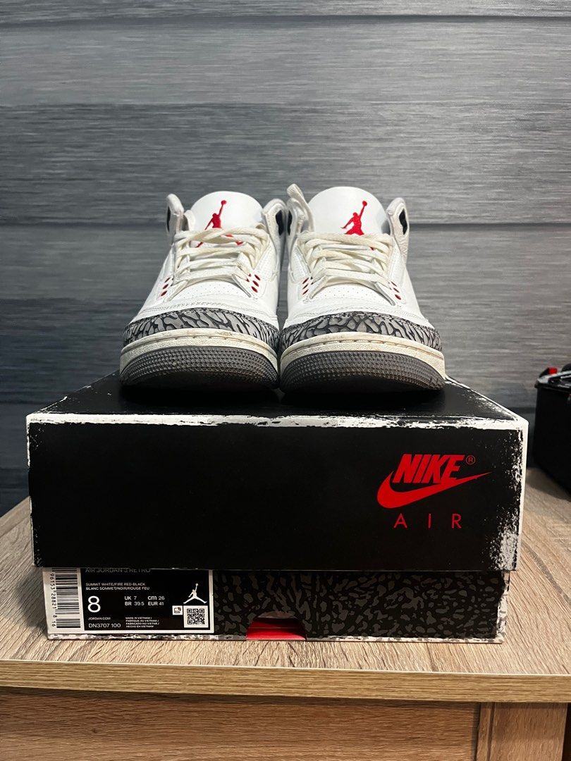 Jordan 3 White Cement Reimagined (Category: Sneakers) located in Pasig City. Submitted by salumiguel (Listing ID 1377663629, Image 2). Description: With receipt Small Drags Small paint chips Logo in insoles like brand new PM me!!.