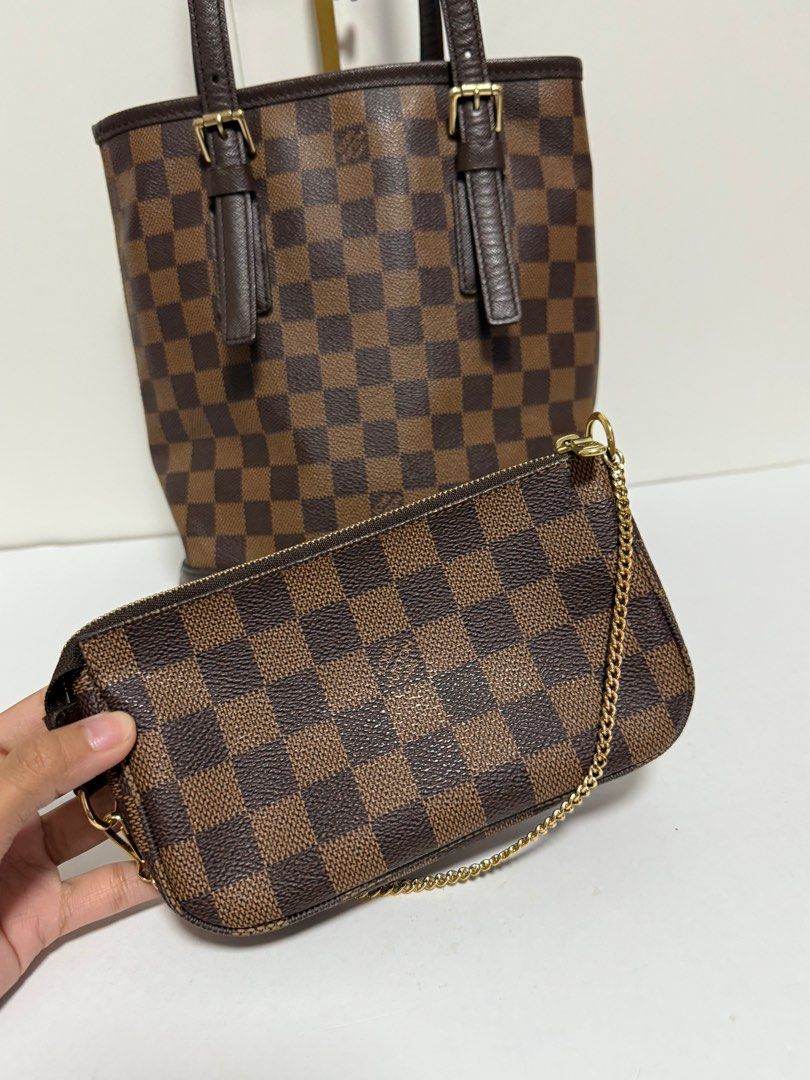 Louis Vuitton Damier Marais Bucket Bag (Category: Luxury Bags & Wallets) located in Imus. Submitted by trishyyyy (Listing ID 1377690805, Image 3). Description: Mini pochette same date code with the marais bucket bag!!! Rare finds super condition pa 💯.