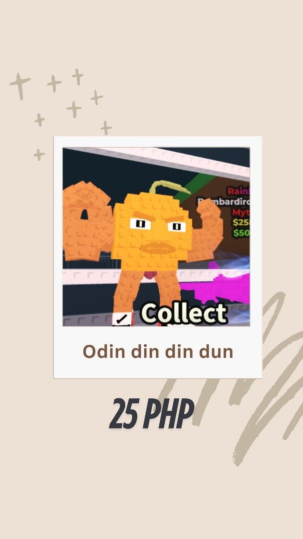 Odin din din dun | Steal a brainrot (Category: In-Game Products) located in Legazpi City. Submitted by RBOT. (Listing ID 1376404271, Image 1). Description: Stock: Normal: | 25PHP Gold: | 30PHP Diamond: | 40PHP ASK/DM ME IF THEIR ARE AVAILABLE.