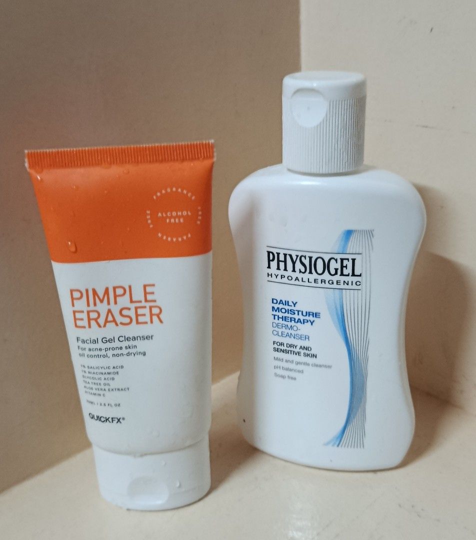 Physiogel Cleanser Pimple Eraser (Category: Face Care) located in Navotas City. Submitted by rainepreloved (Listing ID 1377676345, Image 1). Description: Cleansers RFS: I changed my whole skincare routine 😚 All binili ko sa mall 🌟 1) Physiogel Cleanser ✅️ Exp: Feb 2026 ✅️ Price : 190 + sf ✅️ Used only twice, madami pa 'to. I sweaaaar ✅️ Condition: Very Good 2) Pimple Eraser ✅️ Exp: Oct 2027 ✅️ Price : 150 + sf ✅️ Used thrice, madami pa din ✅️ C