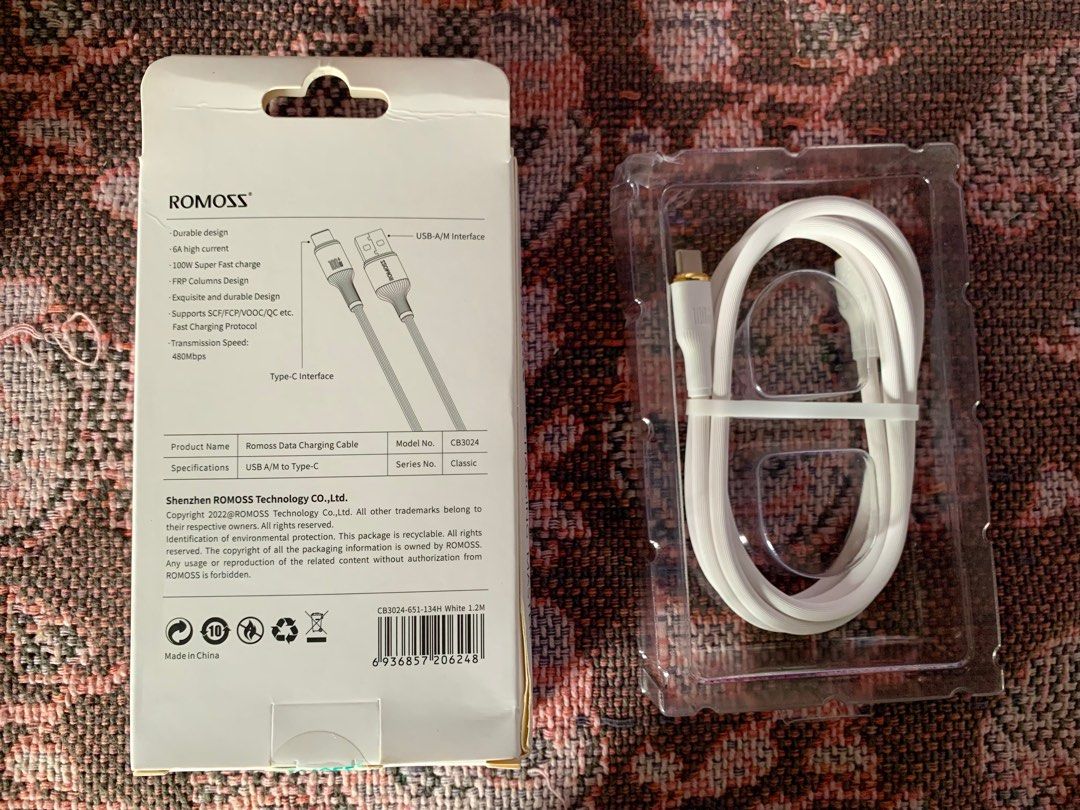 Romoss Type C to USB Data Cable (Category: Chargers & Cables) located in Manila. Submitted by edi-eni (Listing ID 1377689398, Image 2). Description: Romoss Type C to USB Data Cable 100w 1.2m.