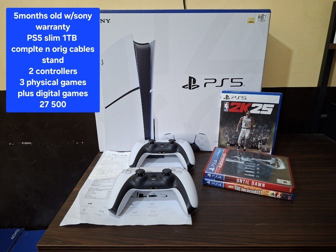 Rush 5 months old PS5 Slim 1TB (Category: PlayStation) located in Manila. Submitted by pjthebartender (Listing ID 1377689126, Image 1). Description: 5 months old w/warranty PS5 Slim 1TB NBA2k25 Bundle Complte and orig Cables Stand 2 controllers 3 physical game plus digital games 27 500 only Swap to PS4 Slim-PRO/Nintendo Switch/Steamdeck LBC/Grab/lalamove Tondo-Q.C-Makati LRT 1-2.