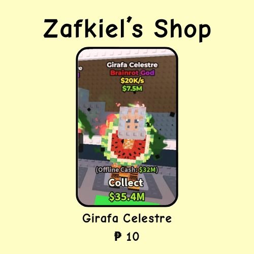 Steal A Brainrot Girafa Celestre (Category: In-Game Products) located in Caloocan City. Submitted by zafkielshop (Listing ID 1377740774, Image 1). Description: Make an Offer if interested! ✅.