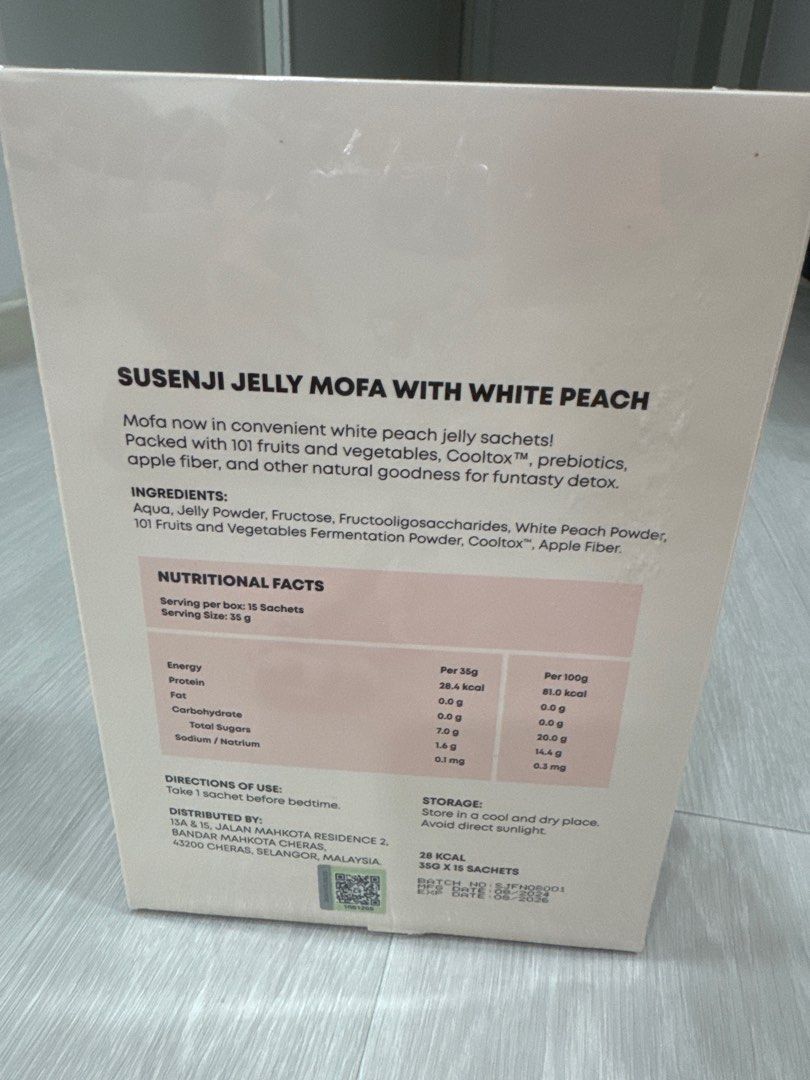 Susenji Jelly MOFA White Peach Detox - 15 Sachets (Category: Vitamins & Supplements) located in Singapore. Submitted by one.stop.retail (Listing ID 1377694730, Image 3). Description: Brand new Susenji Jelly MOFA with white peach flavor. Each box contains 15 sachets. Best before August 2026. Directions: Take 1 sachet before bedtime. Store in a cool and dry place, away from direct sunlight..