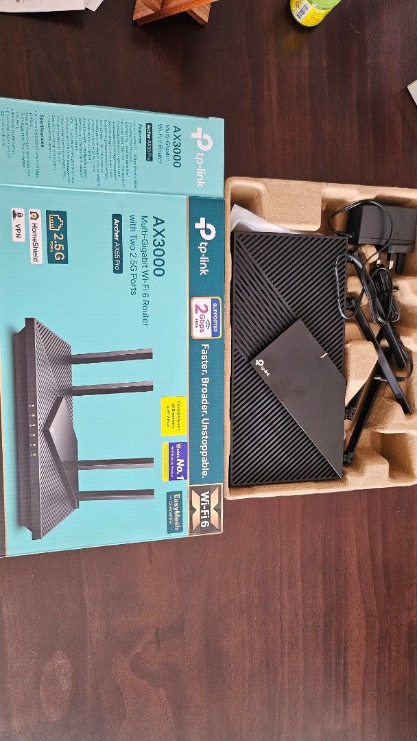 TP-Link Archer AX3000 Wi-Fi 6 Router (Category: Networking) located in Singapore. Submitted by bberry1106 (Listing ID 1377595396, Image 1). Description: - Brand new TP-Link Archer AX3000 Wi-Fi 6 Router - Comes with original box, power adapter. - Supports 2.5G port & EasyMesh Bought it on 28 Jun and found it not suitable for my current setup. So posting this on 29 Jun. Self collection from 1 Kampong kayu road or Raffles Place MRT.