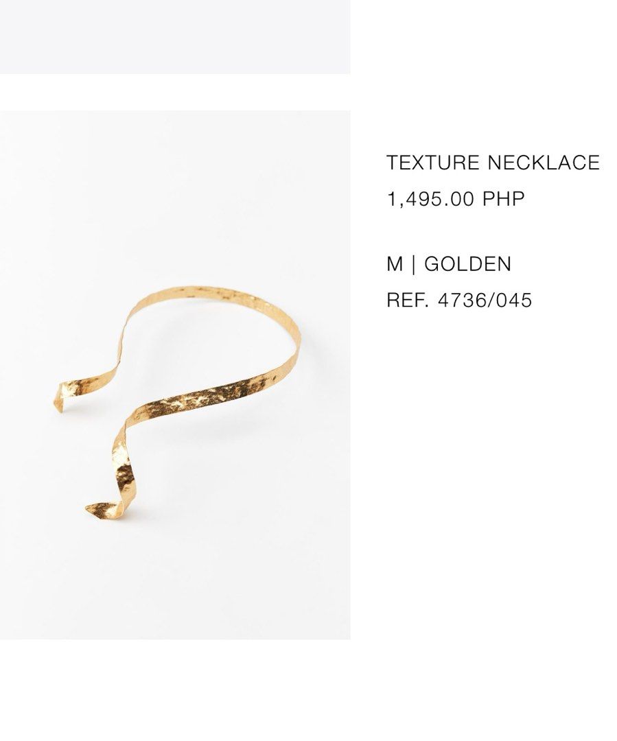 Zara Gold Textured Necklace (Category: Necklaces) located in Mandaluyong City. Submitted by zhasimon (Listing ID 1377661854, Image 1). Description: Used once only Bought for 1495.