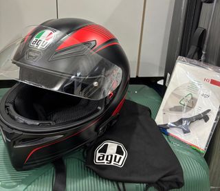 Black with Red and Carbon Fibre Full Face Fin Motorcycle Helmet Double ...