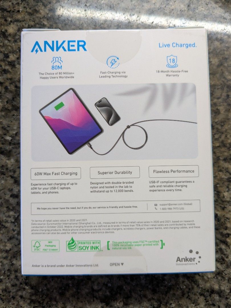 ANKER USB-C Cable 6ft (Category: Chargers & Cables) located in Quezon City. Submitted by joewack (Listing ID 1372681668, Image 2). Description: ANKER USB-C Cable 6ft original, brand new, sealed loc Quezon City shipping Lalamove cod/Gcash/Maya.
