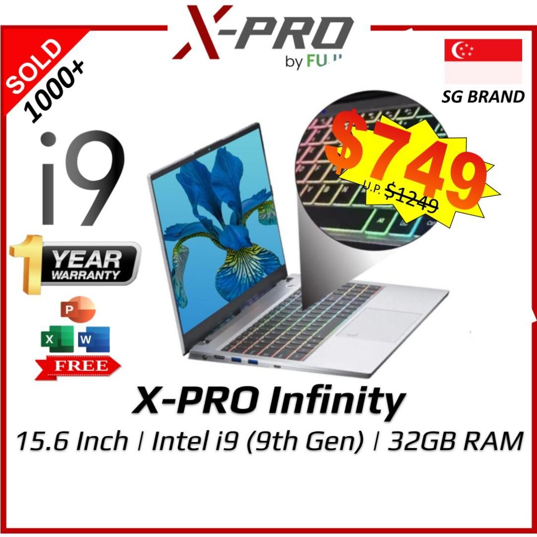 Brand New XPro Infinity Intel i9 Laptop - 9th Gen i9 Fast Speed Processor + 32GB RAM + 512GB SSD - Free MS Office + Win 11 - With RBG Backlit Keyboard - - Budget-Friendly to High-Performance Models!! - Superb Battery Life! - Buy Today!! (Category: Laptops & Notebooks) located in Singapore. Submitted by buyatfuji (Listing ID 1372727076, Image 1). Description: 🚀 𝐗-𝐏𝐑𝐎 𝐈𝐧𝐟𝐢𝐧𝐢𝐭𝐲 (𝐈𝐧𝐭𝐞𝐥 𝐢𝟗) - 15.6 Inch - FHD IPS Display - Intel® Co