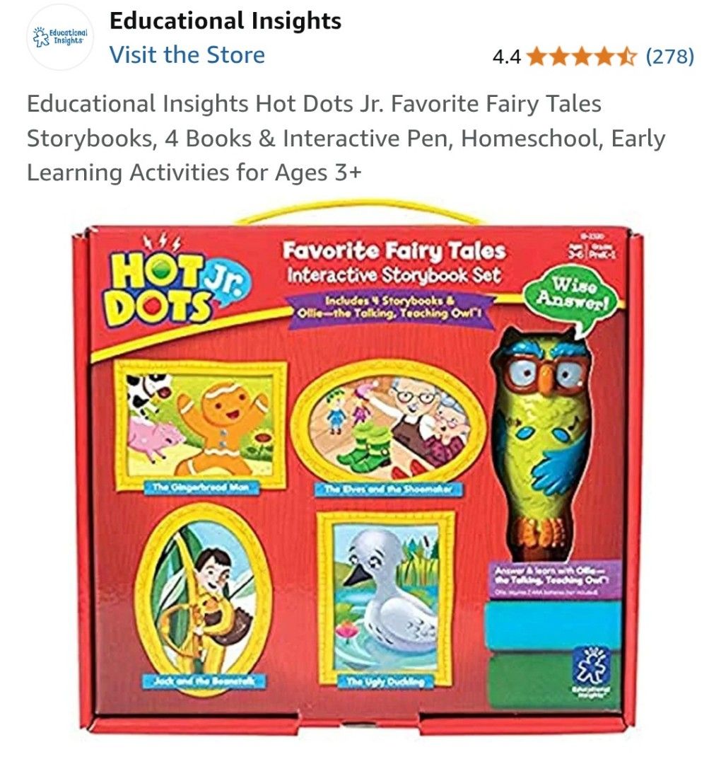 Hot Dots Jr. Interactive Storybook set for Kids (Category: Children's Books) located in Rizal. Submitted by Bop9897 (Listing ID 1372686085, Image 1). Description: Hot Dots Jr Interactive Books with 4 interactive fairy tales and Ollie - the talking, Teaching Owl - working good - can send video - perfect for Age 3-6 - Educational.
