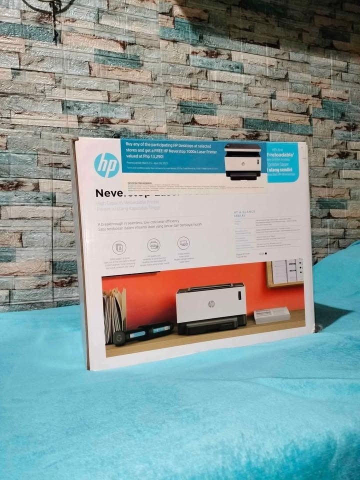 HP 1000a Laser Printer (Category: Printers, Scanners & Copiers) located in Caloocan City. Submitted by santosjia82131 (Listing ID 1372838489, Image 2). Description: Open box, Never used Original value: ₱ 15,365 Selling price: 5,000 (negotiable) Includes: HP Neverstop Laser 1000a Printer; Reference guide; Setup guide; Regulatory flyer; Support flyer; Warranty guide; Power cord. Provides: Black and White printing and copying, High-volume laser prin