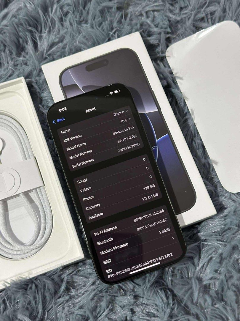 Iphone 16 Pro (Category: iPhone 16 Series) located in Cavite. Submitted by mcboutiquecollection (Listing ID 1372831637, Image 3). Description: SALE BRANDNEW iPhone 16 Pro 128 GB Smartlocked Black Titanium •Brandnew, opened for checking only •Warranty until May 17, 2026 •100% battery health •1 cycle count only •Smooth and no issues!! Complete with original box same imei, unusrd original cord, manuals Free tempered glass, case, 20w adapter .