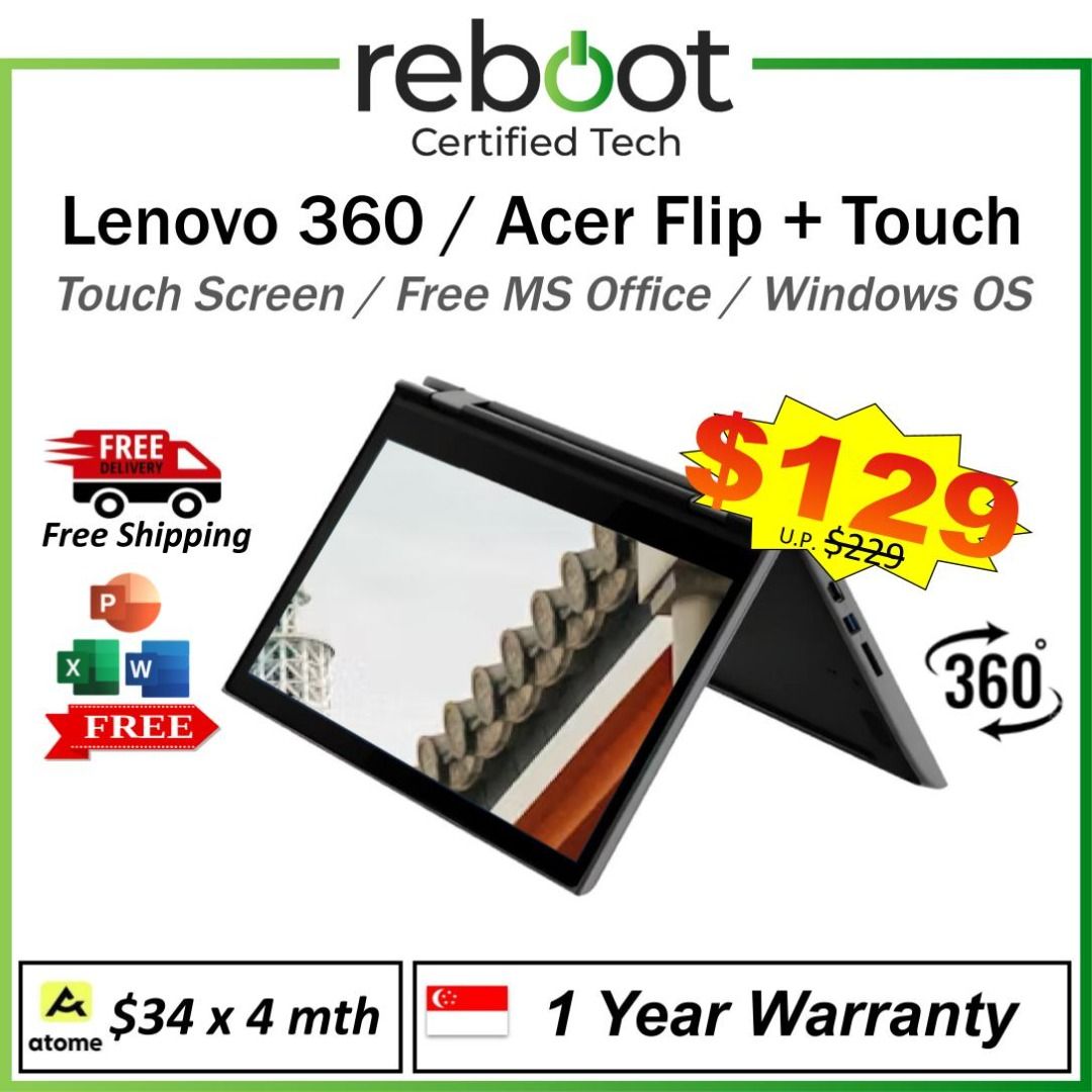 Lenovo 360 Flip Laptop & Acer 360 Laptop - Flip Screen + Touch Screen Function - 100% Good Condition- Budget-Friendly to High-Performance Models!! - Superb Battery Life! - Buy Today!! (Category: Laptops & Notebooks) located in Singapore. Submitted by buyatfuji (Listing ID 1372727327, Image 1). Description: Click here for more special deal ! https://www.carousell.sg/u/buyatfuji/ 👨‍🔧 FREE Aditioanal 3 𝐌𝐨𝐧𝐭𝐡 𝐖𝐚𝐫𝐫𝐚𝐧𝐭𝐲 !! First 10 set o