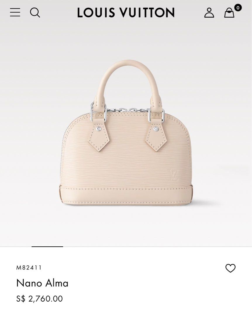 Louis Vuitton Nano Alma (Category: Bags & Wallets) located in Singapore. Submitted by 88happygolucky (Listing ID 1372832812, Image 2). Description: Brand new Full set with receipt Feel freel to view at my place 18 x 12 x 8 cm (Length x Height x Width) Quartz White Epi grained cowhide leather Microfiber lining Silver-color hardware Double zip closure Fits: 6.7-inches smartphone, Rosalie Coin Purse, keys, lipstick, earphones Strap: Removable, adjus