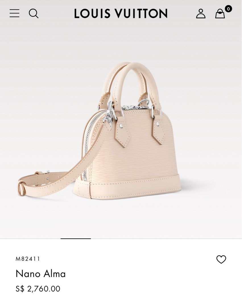 Louis Vuitton Nano Alma (Category: Bags & Wallets) located in Singapore. Submitted by 88happygolucky (Listing ID 1372832812, Image 1). Description: Brand new Full set with receipt Feel freel to view at my place 18 x 12 x 8 cm (Length x Height x Width) Quartz White Epi grained cowhide leather Microfiber lining Silver-color hardware Double zip closure Fits: 6.7-inches smartphone, Rosalie Coin Purse, keys, lipstick, earphones Strap: Removable, adjus