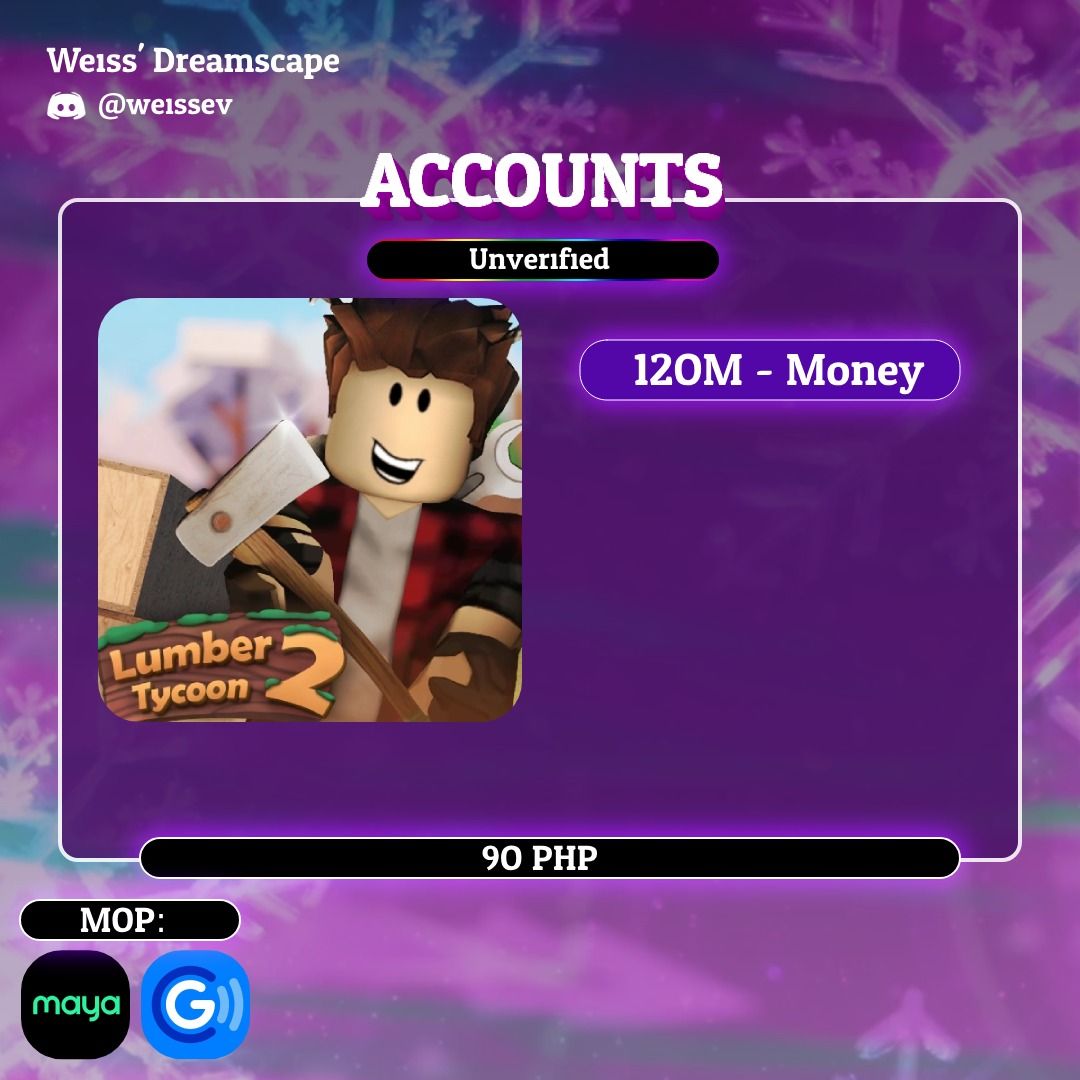 [S:1] [LT2] Lumber Tycoon 2 - 120M Acc (Category: In-Game Products) located in Caloocan City. Submitted by weissev (Listing ID 1369220031, Image 1). Description: Lumber Tycoon 2 - 120M Account ! ! ! -------------------------------------------- CLICK/SCROLL THE PICTURES FOR MORE PRICE IS IN THE PIC -------------------------------------------- ⌂ Easy Process ⌂ ✱ Unverified / Acc Age = 1 Month + ✱ 20M in Each Slot ✱ Full Access ✱ Avoid rush orders i
