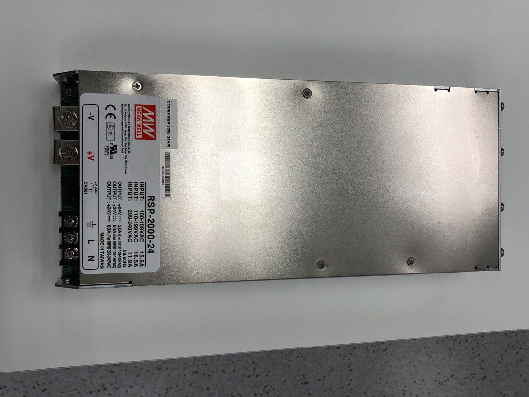 Mean Well RSP-2000-24 power supply (Category: Other Accessories) located in Singapore. Submitted by ot-overtime (Listing ID 1372668087, Image 1). Description: 24V 80A 1.92 kW output power supply Used once for a DIY project Meter in last photo NOT included View and deal at my block only For data sheet, do refer to https://sg.element14.com/mean-well/rsp-2000-24/power-supply-ac-dc-24v-80a/dp/3002768 .