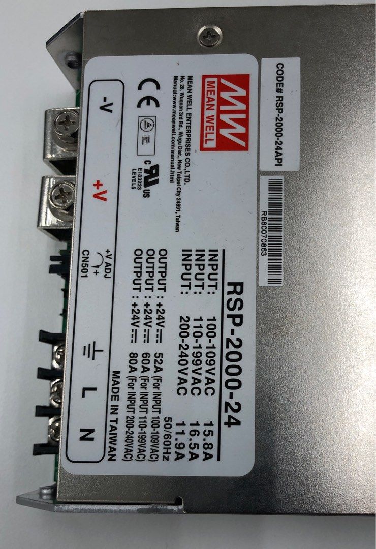Mean Well RSP-2000-24 power supply (Category: Other Accessories) located in Singapore. Submitted by ot-overtime (Listing ID 1372668087, Image 2). Description: 24V 80A 1.92 kW output power supply Used once for a DIY project Meter in last photo NOT included View and deal at my block only For data sheet, do refer to https://sg.element14.com/mean-well/rsp-2000-24/power-supply-ac-dc-24v-80a/dp/3002768 .
