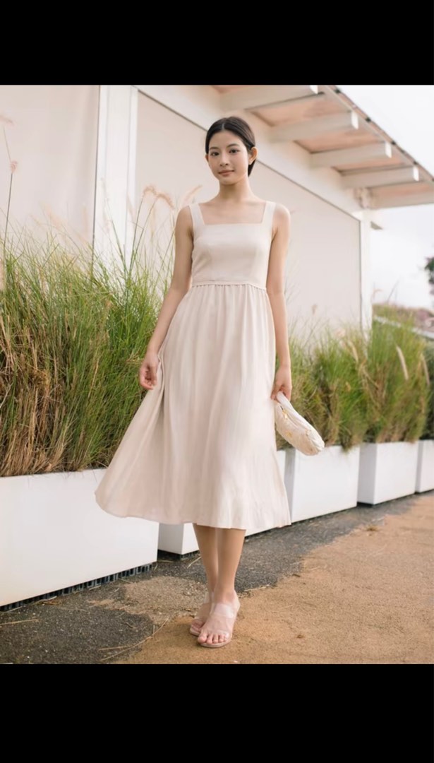 MGP Label Phaedra Square Neck Midaxi Linen Dress in Cream, Women's ...