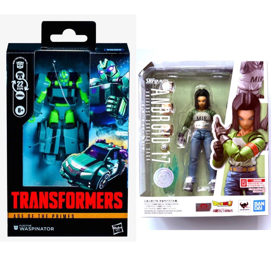 MISB Hasbro Transformers Age of the Primes Deluxe Class Fugitive Waspinator, Bandai s.h.figuarts Android 17 Universe Survival Saga Dragon Ball SHF SHFiguarts Action Figure, Authentic, New, Sealed & Unopened in Mint Condition Box (Category: Toy Figures) located in Singapore. Submitted by tudor8 (Listing ID 1372827804, Image 1). Description: * Transformers Waspinator $25 * S.H.Figuarts Android 17 $48 Authentic, New & Sealed in Mint Condition Box 😊