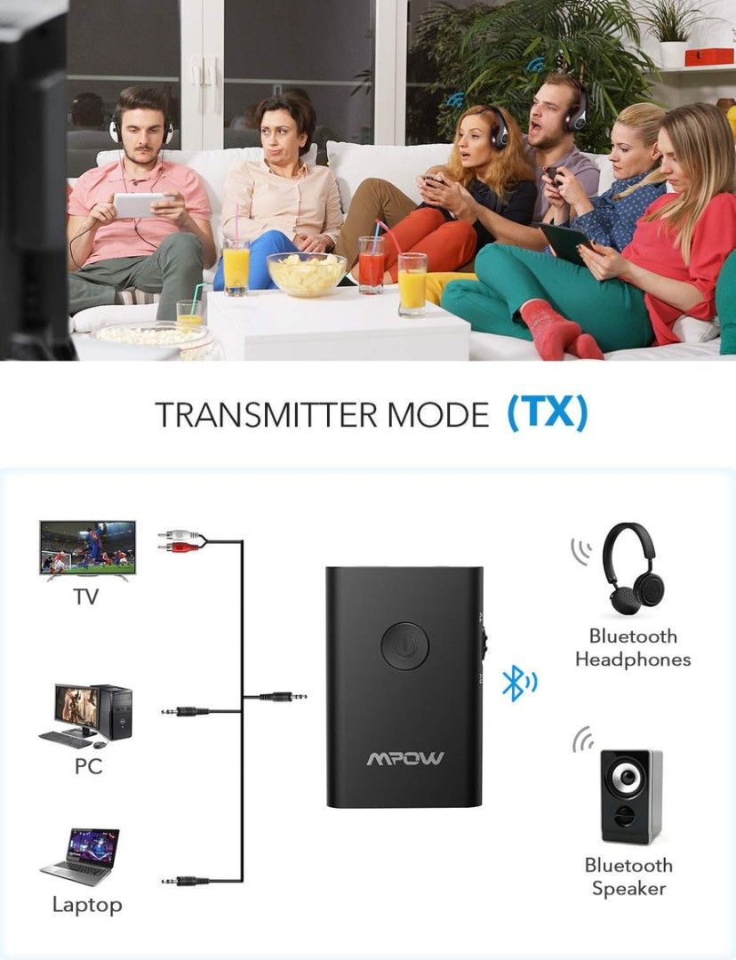 MPOW Bluetooth Transmitter & Receiver (Category: Portable Audio Accessories) located in Singapore. Submitted by superbestdeal88 (Listing ID 1372798876, Image 2). Description: Description: Wireless Audio Adapter for 3.5mm Stereo, Bluetooth Transmitter for TV, AUX-IN Bluetooth for Car, Home Stereo System, Slide Switch for Easy to Use Features: - MPOW BLUETOOTH TRANSMITTER AND RECEIVER: TX: Using Mpow on your TV to connect your Bluetooth headphones,