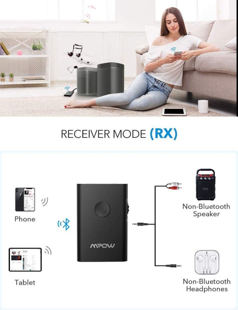 MPOW Bluetooth Transmitter & Receiver (Category: Portable Audio Accessories) located in Singapore. Submitted by superbestdeal88 (Listing ID 1372798876, Image 3). Description: Description: Wireless Audio Adapter for 3.5mm Stereo, Bluetooth Transmitter for TV, AUX-IN Bluetooth for Car, Home Stereo System, Slide Switch for Easy to Use Features: - MPOW BLUETOOTH TRANSMITTER AND RECEIVER: TX: Using Mpow on your TV to connect your Bluetooth headphones,