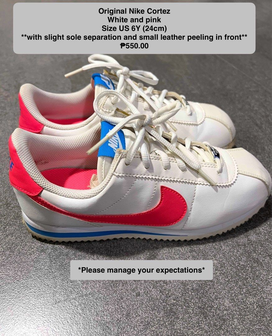 Original Nike Cortez (Category: Sneakers) located in Cavite. Submitted by jembc (Listing ID 1372757024, Image 1). Description: Original Nike Cortez Bought in Nike store Kids size but can fit to womens Size: US 6Y (24cm) No box Flaws: slightly sole separation and small leather peeling in front (can still repair/glued) Please manage your expectations Payment first basis .