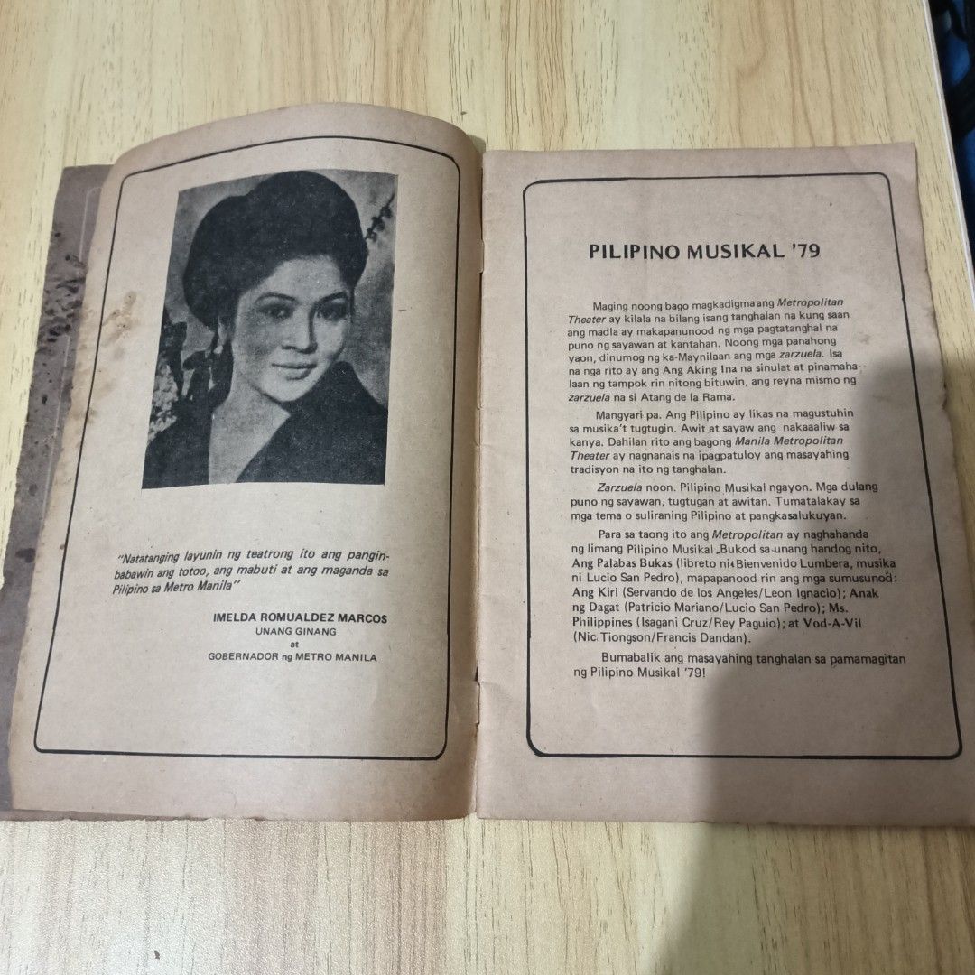VINTAGE 1978 Theater Booklet (Category: Storybooks) located in Quezon City. Submitted by niqcb (Listing ID 1372798338, Image 2). Description: Rare 1978 Theater Booklet of Ang Palabas Bukas on the Manila Metropolitan Theater Rare images of figures such as Imelda Marcos, Behn Cervantes, Angie Ferro, and a young Rene Requiestas Heavily damaged (see image), handle with care Location: Tandang Sora, Quezon City.